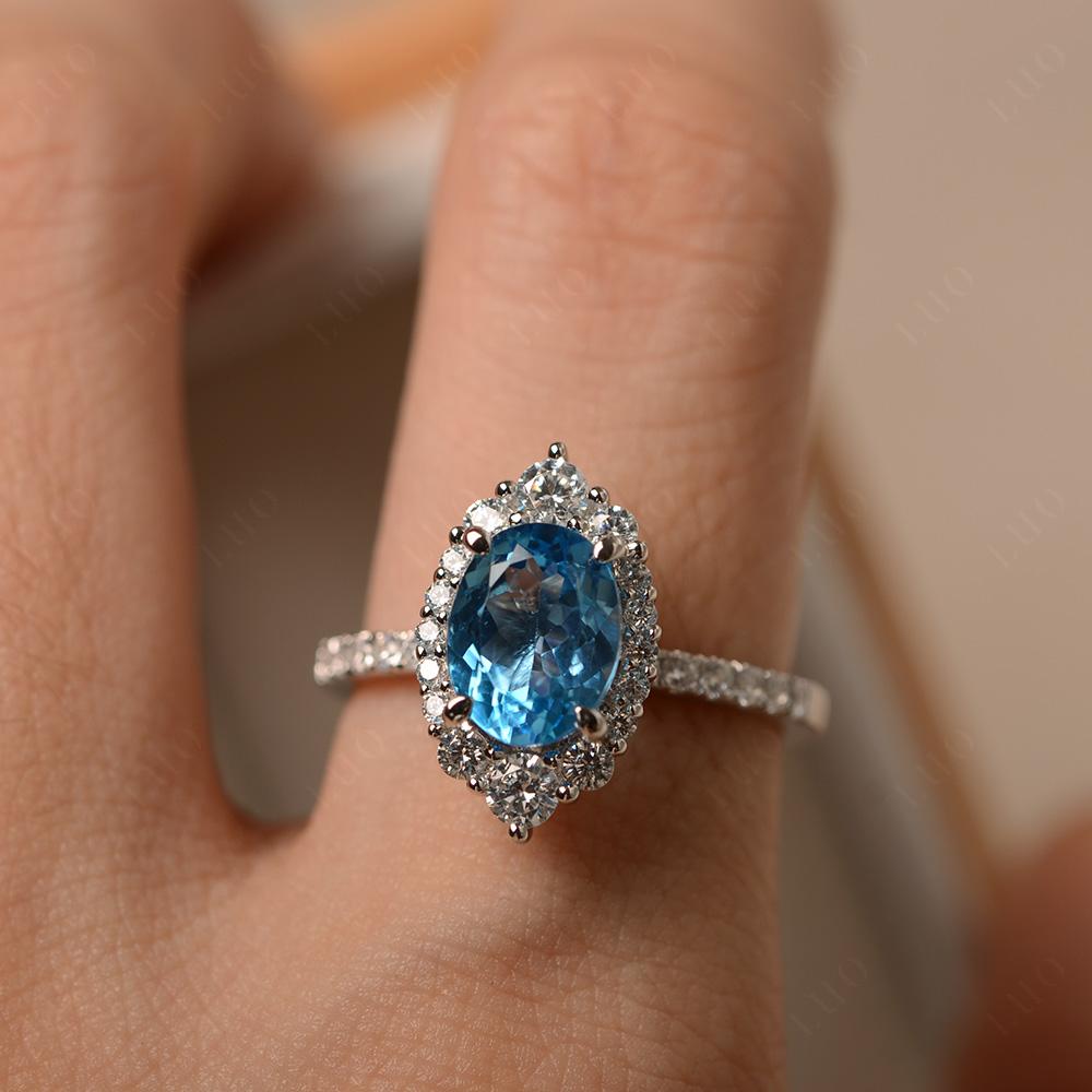 Swiss Blue Topaz Ring Halo Engagement Ring - LUO Jewelry