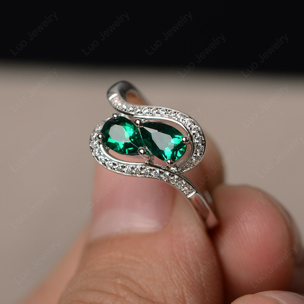 Two Stone Pear Shaped Lab Emerald Mothers Ring - LUO Jewelry