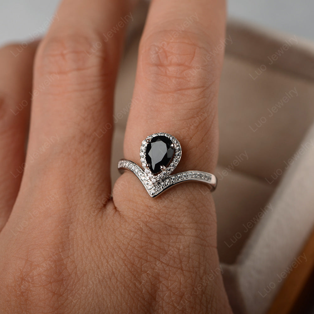Teardrop Shaped Black Spinel Halo Engagement Ring - LUO Jewelry