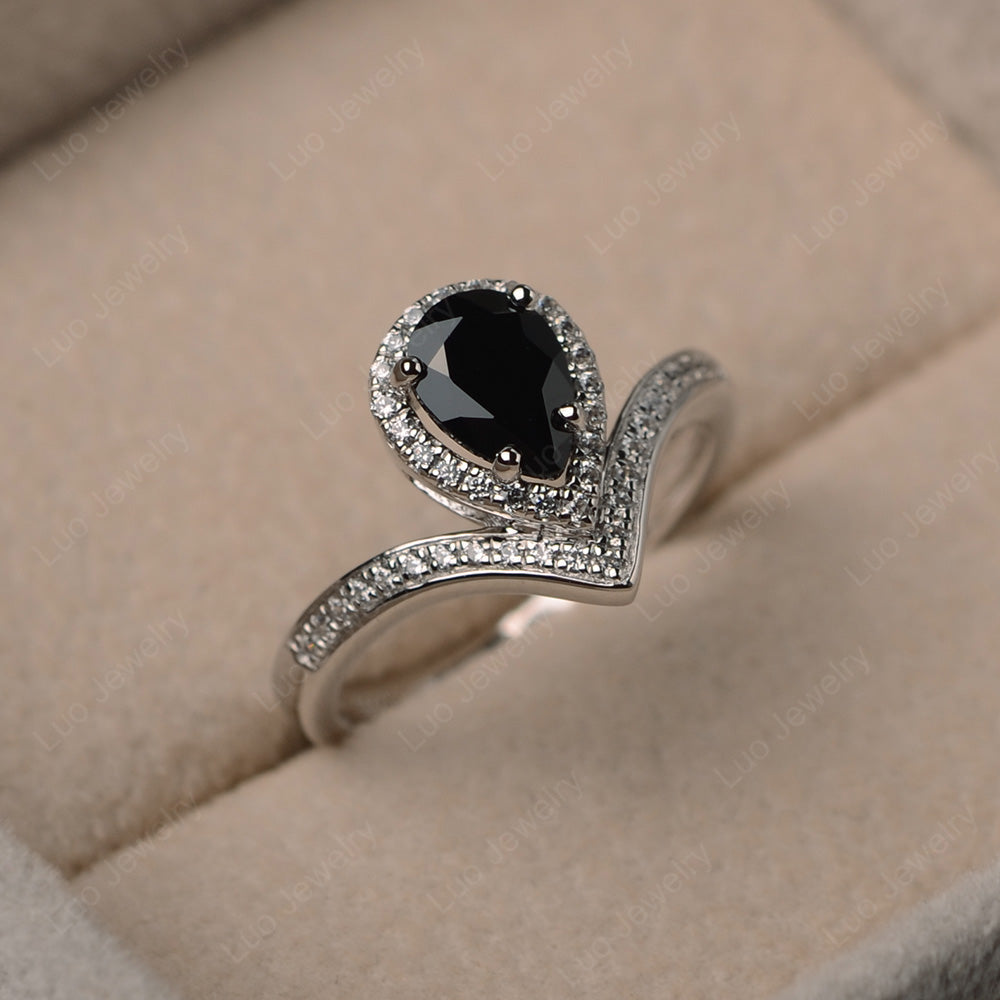 Teardrop Shaped Black Spinel Halo Engagement Ring - LUO Jewelry