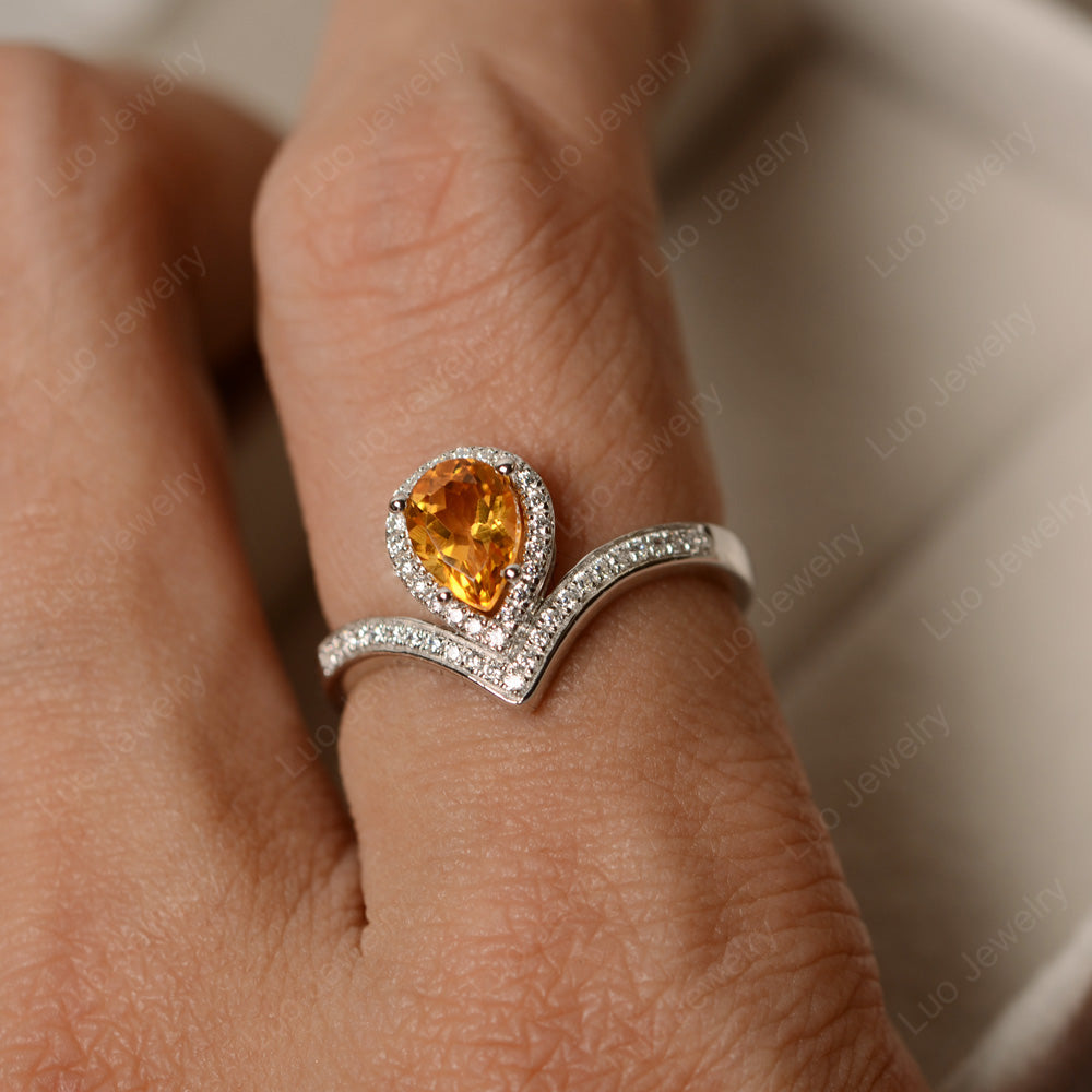 Teardrop Shaped Citrine Halo Engagement Ring - LUO Jewelry