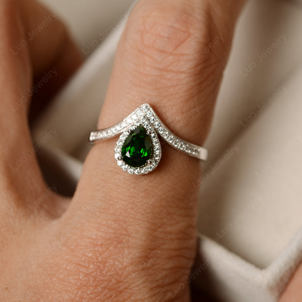 Teardrop Shaped Diopside Halo Engagement Ring - LUO Jewelry