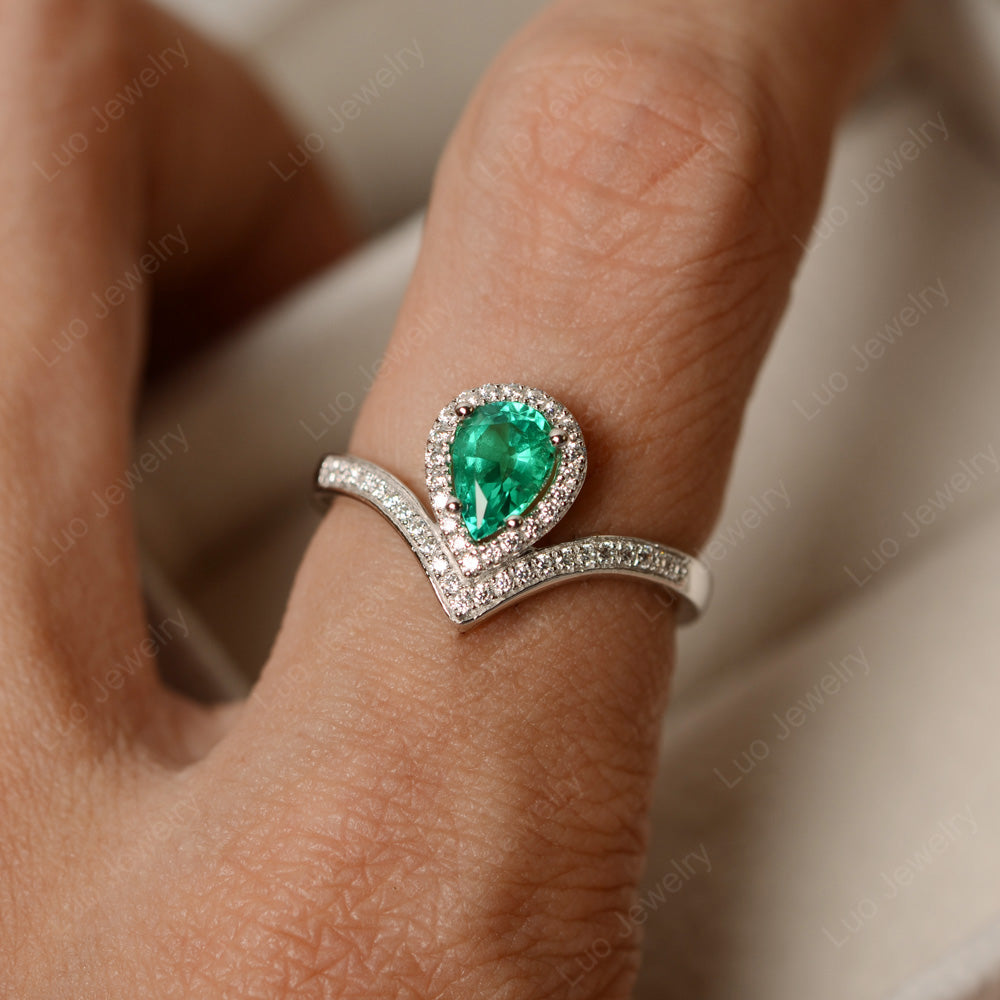 Teardrop Shaped Lab Emerald Halo Engagement Ring - LUO Jewelry
