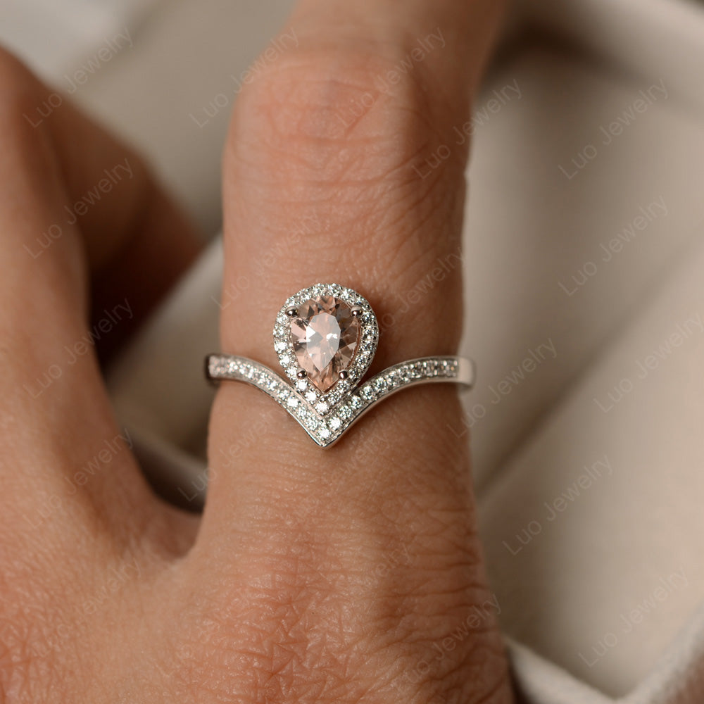 Teardrop Shaped Morganite Halo Engagement Ring - LUO Jewelry