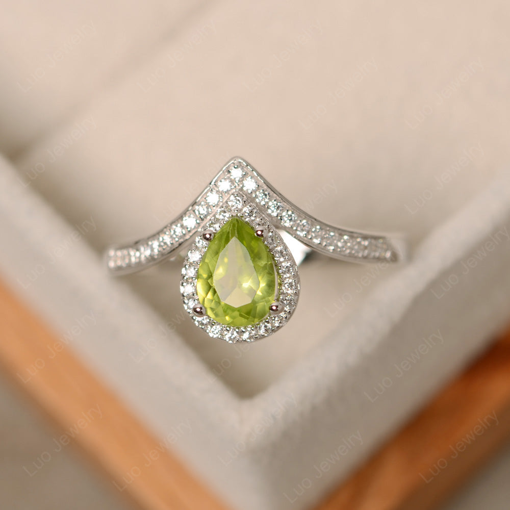 Teardrop Shaped Peridot Halo Engagement Ring - LUO Jewelry