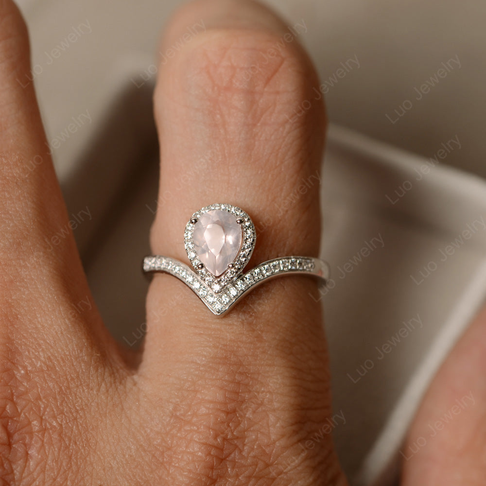 Teardrop Shaped Rose Quartz Halo Engagement Ring - LUO Jewelry