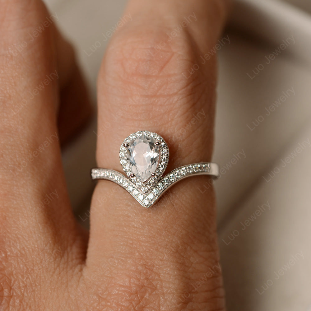 Teardrop Shaped White Topaz Halo Engagement Ring - LUO Jewelry