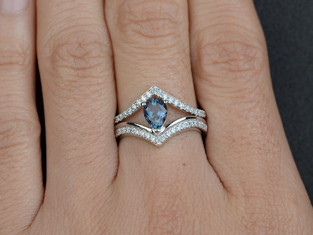 Pear Shaped Alexandrite Bridal Set Ring Silver - LUO Jewelry
