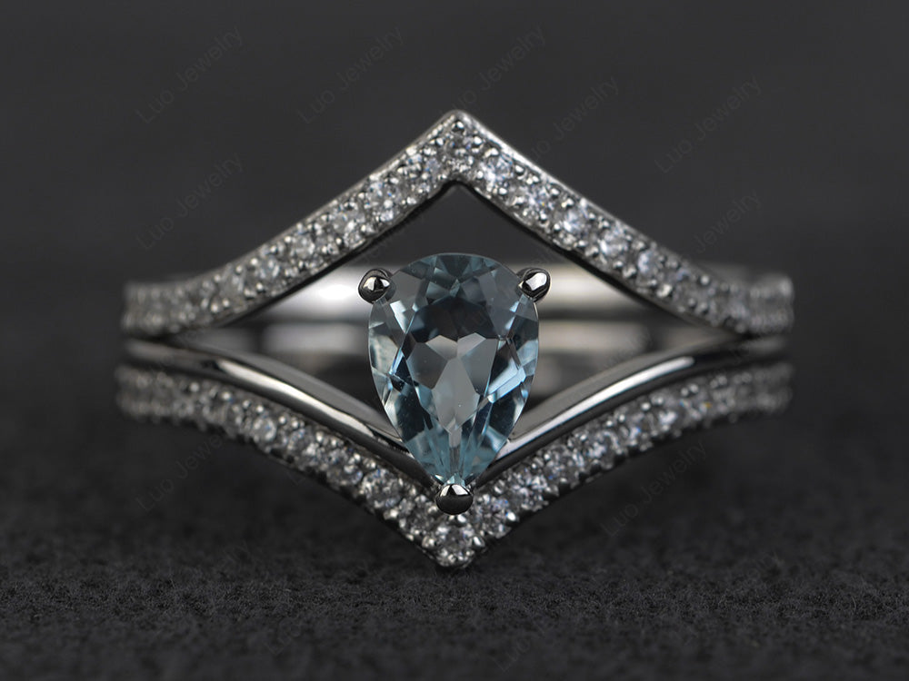 Pear Shaped Aquamarine Bridal Set Ring Silver - LUO Jewelry