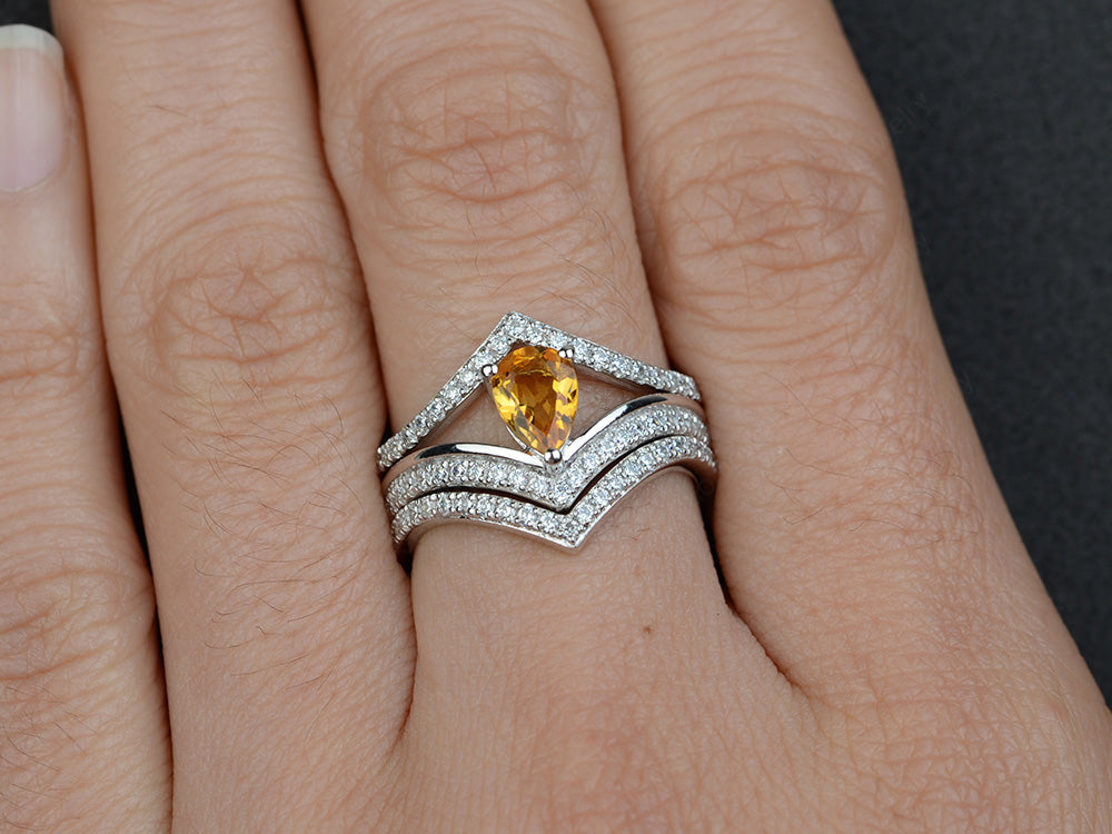Pear Shaped Citrine Bridal Set Ring Silver - LUO Jewelry