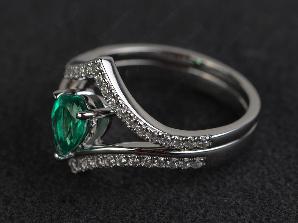 Pear Shaped Lab Emerald Bridal Set Ring Silver - LUO Jewelry