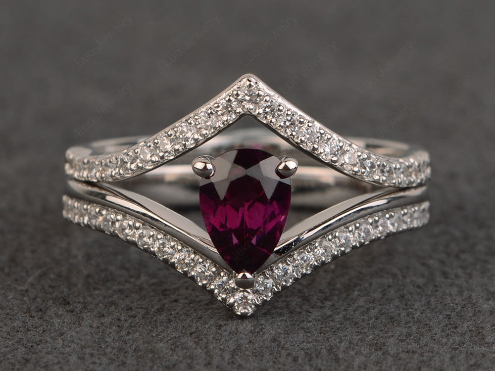 Pear Shaped Garnet Bridal Set Ring Silver - LUO Jewelry