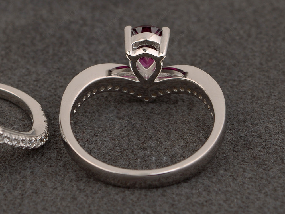 Pear Shaped Garnet Bridal Set Ring Silver - LUO Jewelry