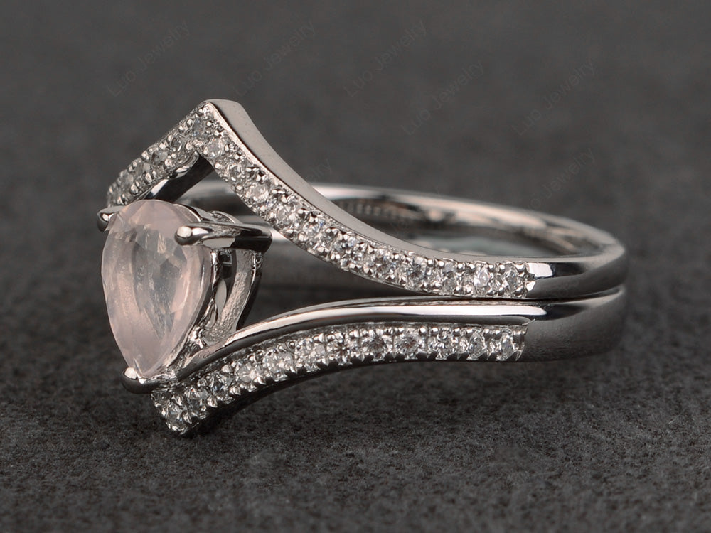 Pear Shaped Rose Quartz Bridal Set Ring Silver - LUO Jewelry