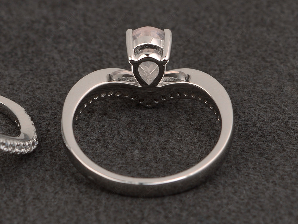Pear Shaped Rose Quartz Bridal Set Ring Silver - LUO Jewelry