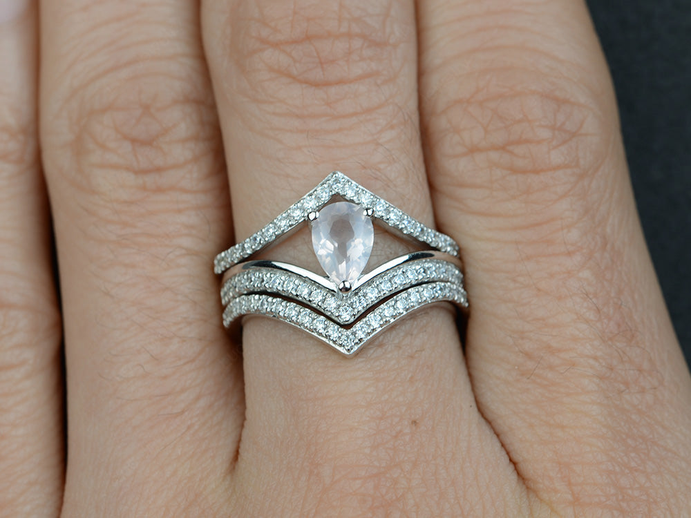Pear Shaped Rose Quartz Bridal Set Ring Silver - LUO Jewelry