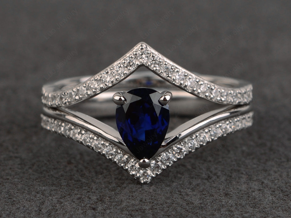 Pear Shaped Lab Sapphire Bridal Set Ring Silver - LUO Jewelry