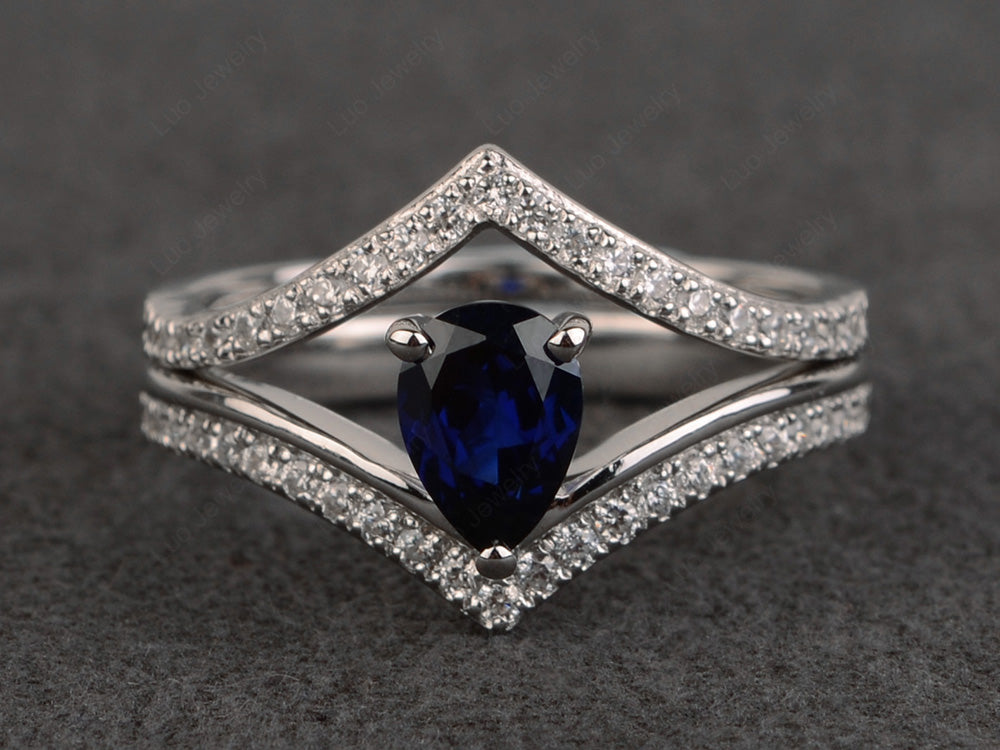 Pear Shaped Lab Sapphire Bridal Set Ring Silver - LUO Jewelry