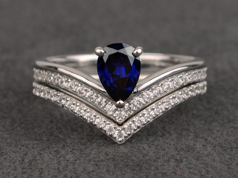 Pear Shaped Lab Sapphire Bridal Set Ring Silver - LUO Jewelry