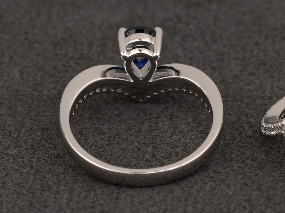 Pear Shaped Lab Sapphire Bridal Set Ring Silver - LUO Jewelry