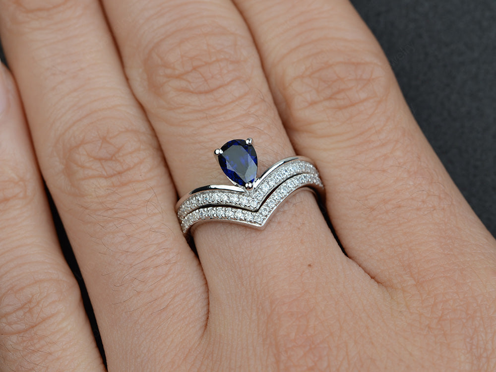 Pear Shaped Lab Sapphire Bridal Set Ring Silver - LUO Jewelry