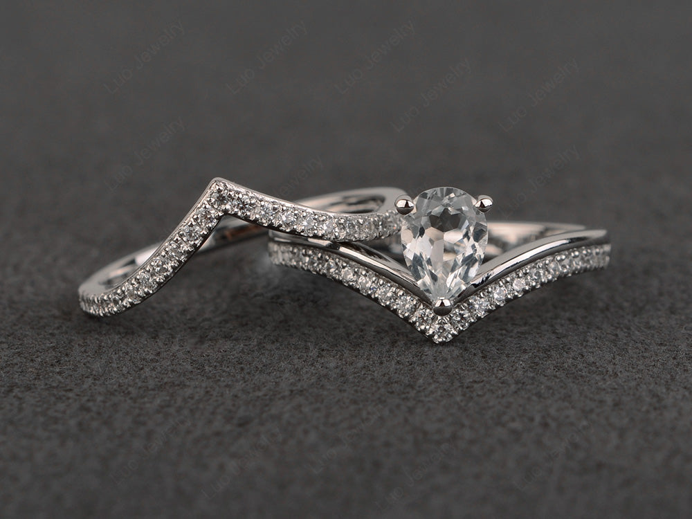 Pear Shaped White Topaz Bridal Set Ring Silver - LUO Jewelry
