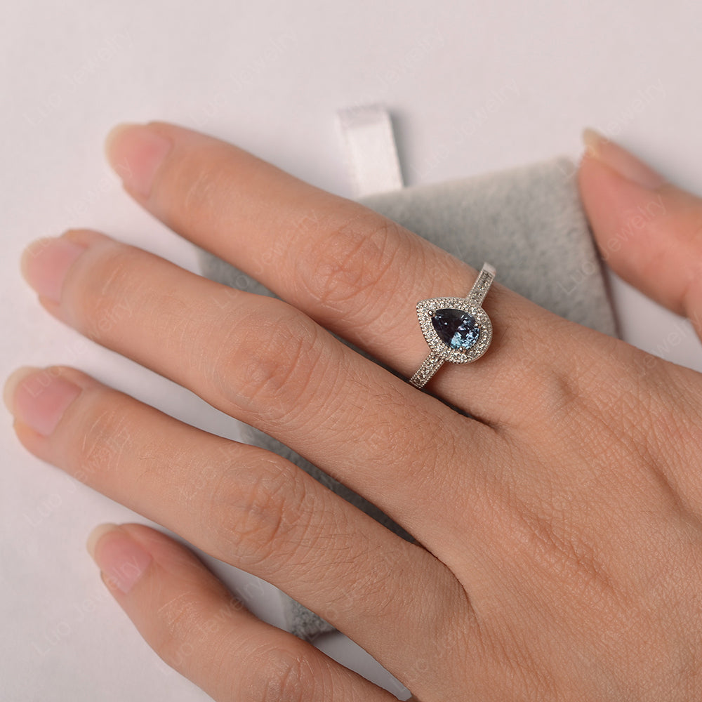 Pear Alexandrite Halo Engagement Ring Art Deco - LUO Jewelry
