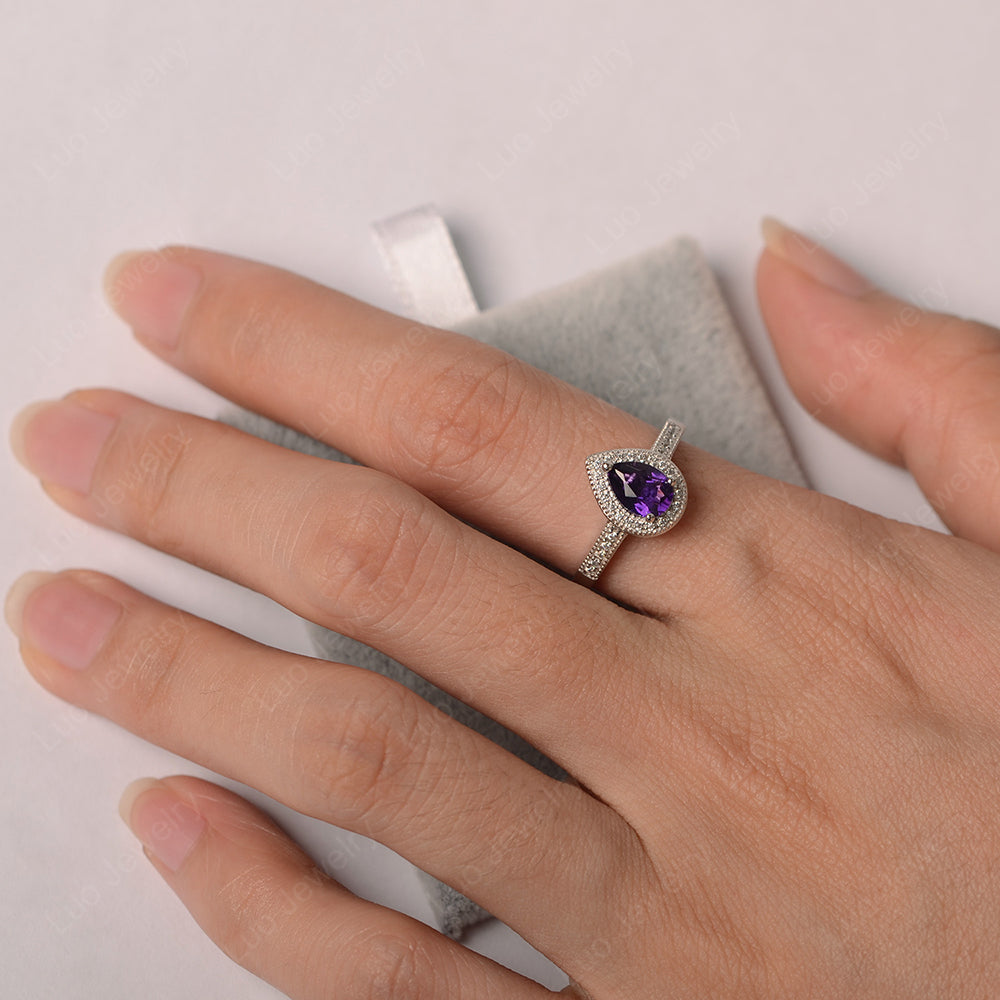 Pear Amethyst Halo Engagement Ring Art Deco - LUO Jewelry