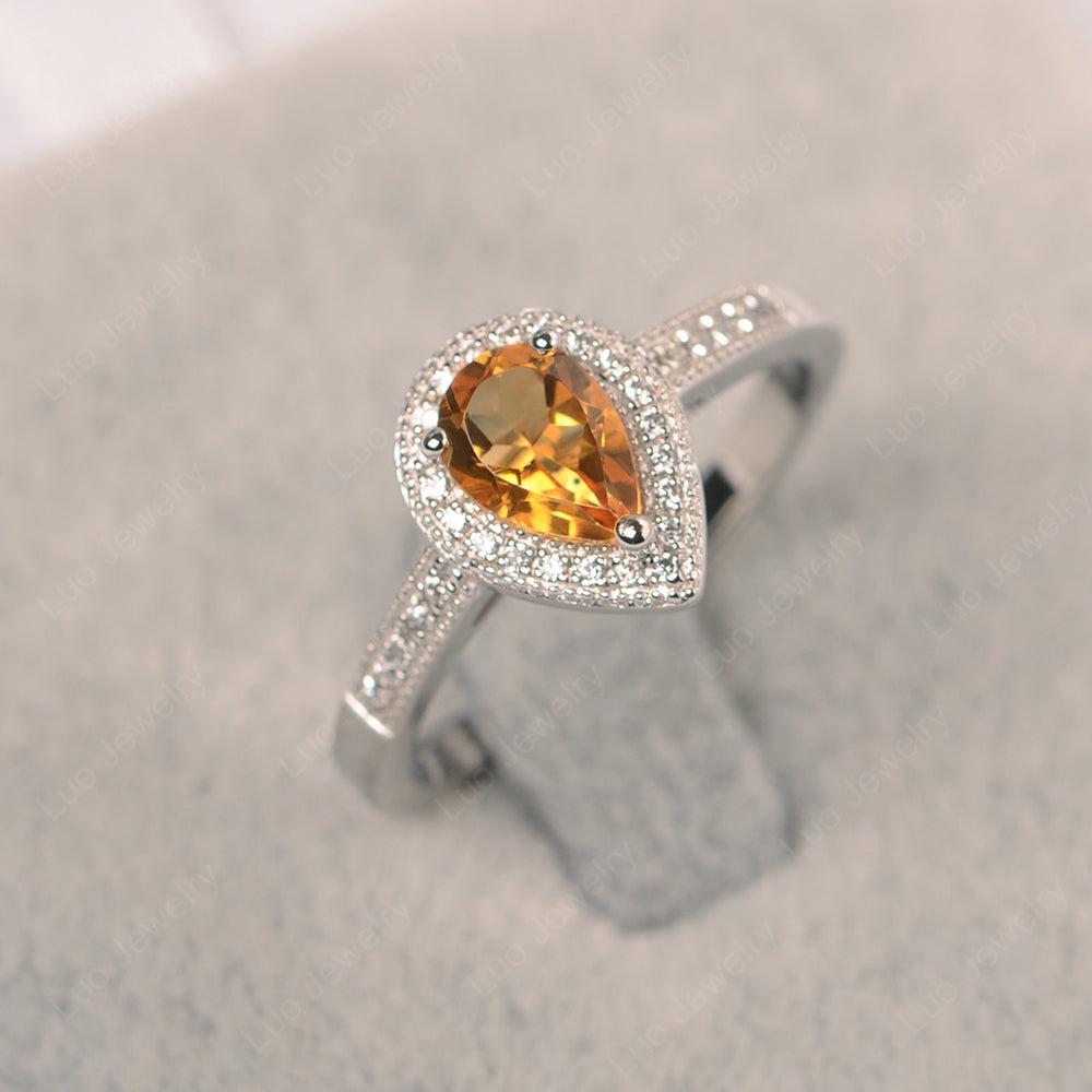 Pear Citrine Halo Engagement Ring Art Deco - LUO Jewelry