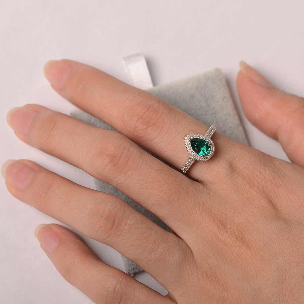 Pear Lab Emerald Halo Engagement Ring Art Deco - LUO Jewelry