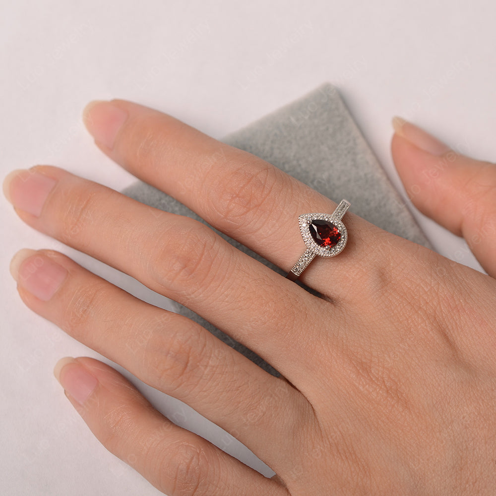 Pear Garnet Halo Engagement Ring Art Deco - LUO Jewelry