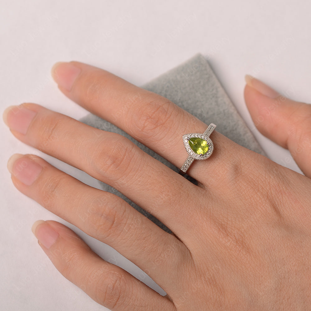 Pear Peridot Halo Engagement Ring Art Deco - LUO Jewelry