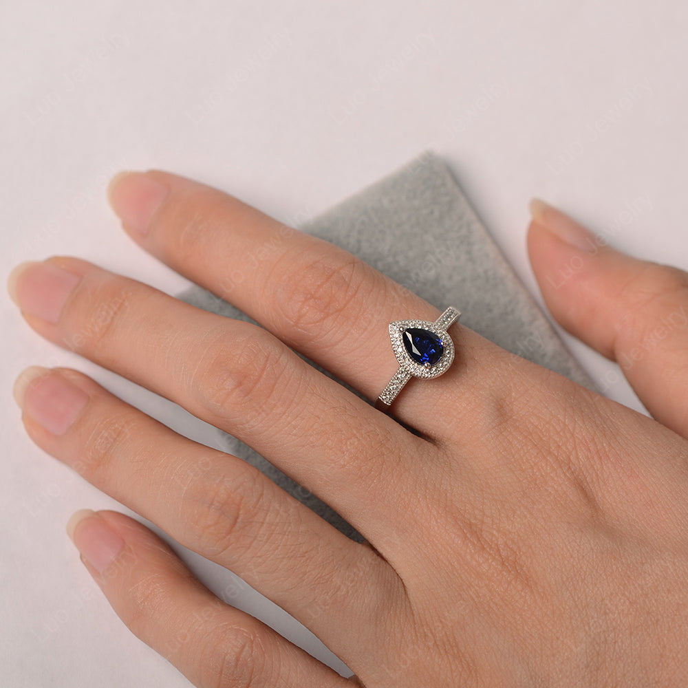 Pear Lab Sapphire Halo Engagement Ring Art Deco - LUO Jewelry