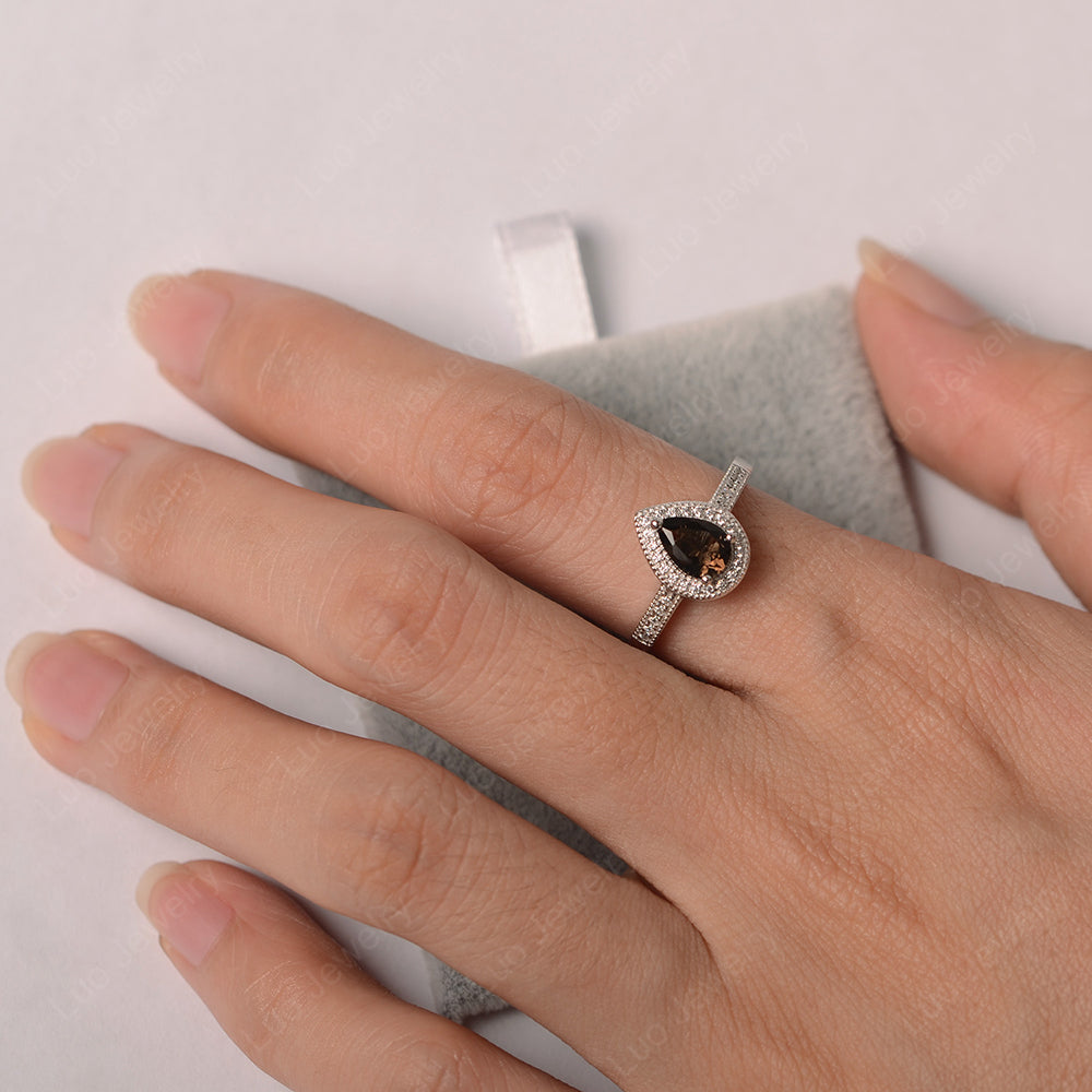 Pear Smoky Quartz Halo Engagement Ring Art Deco - LUO Jewelry