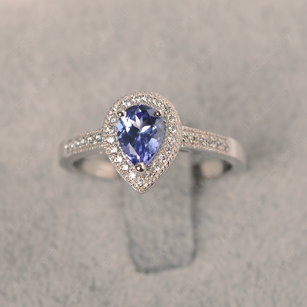 Pear Tanzanite Halo Engagement Ring Art Deco - LUO Jewelry