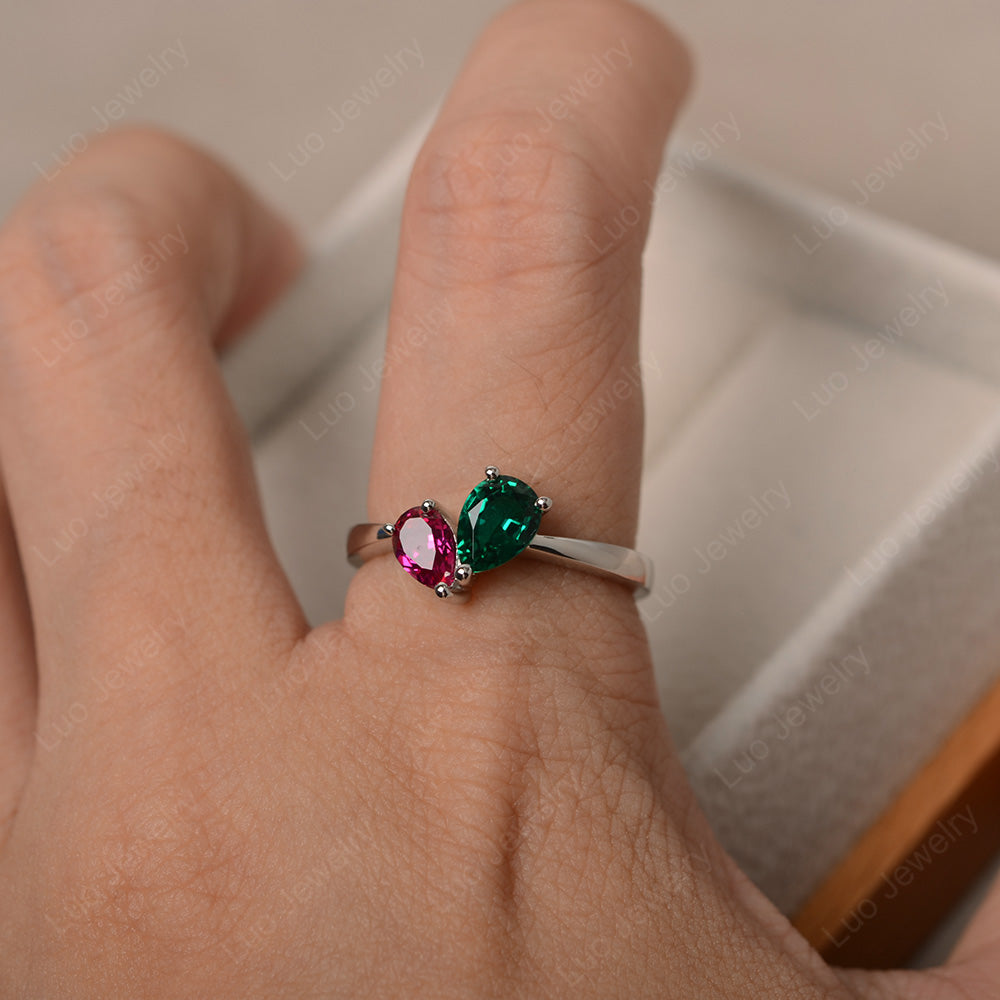 Pear Ruby and Emerald Ring Two Stone Mothers Ring - LUO Jewelry