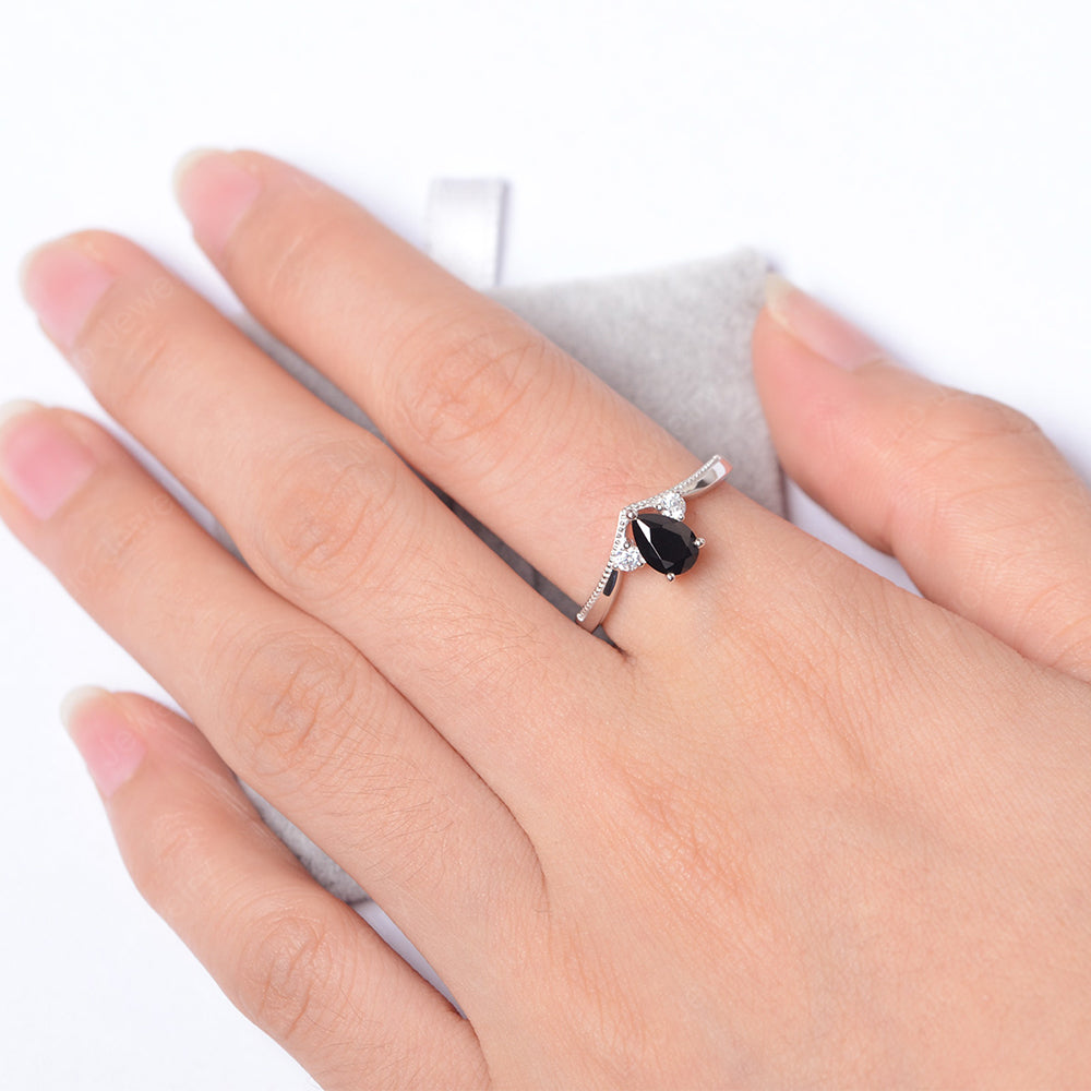 Pear Black Stone Engagement Ring White Gold - LUO Jewelry