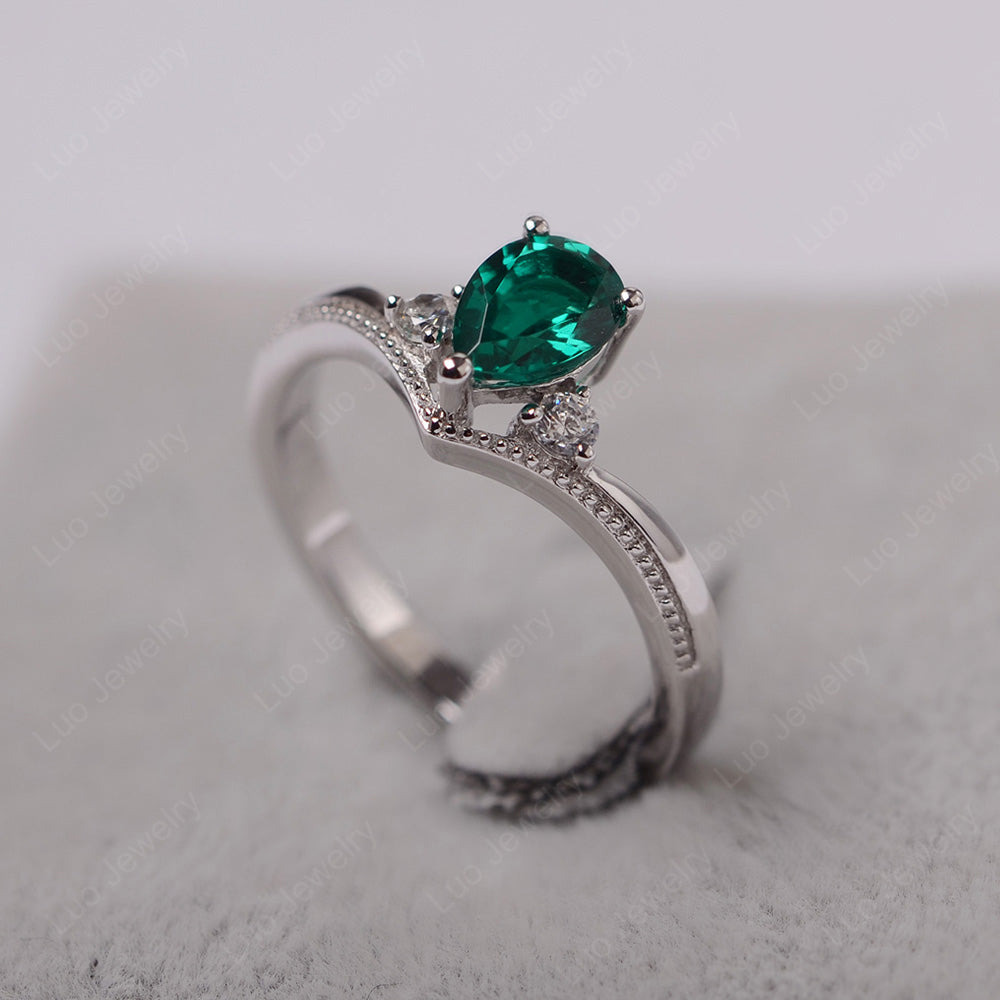 Pear Lab Emerald Engagement Ring White Gold - LUO Jewelry
