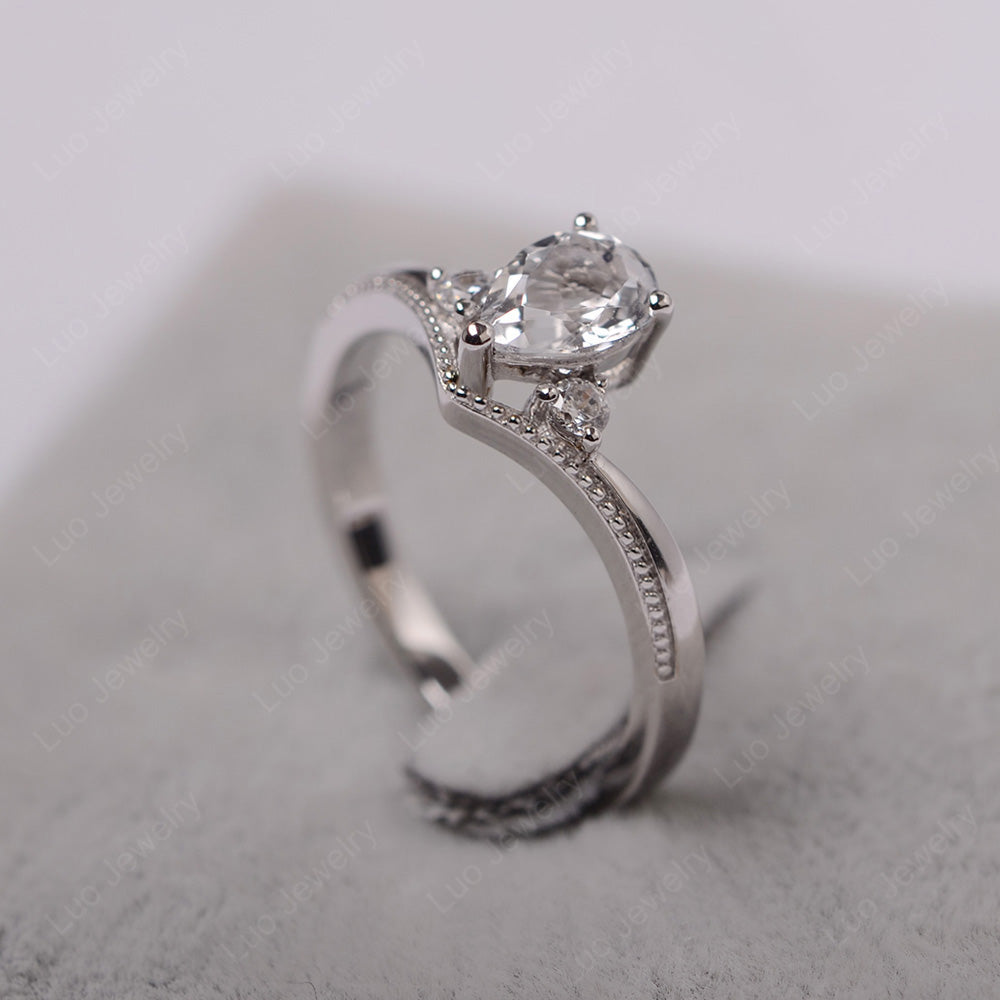 Pear White Topaz Engagement Ring White Gold - LUO Jewelry