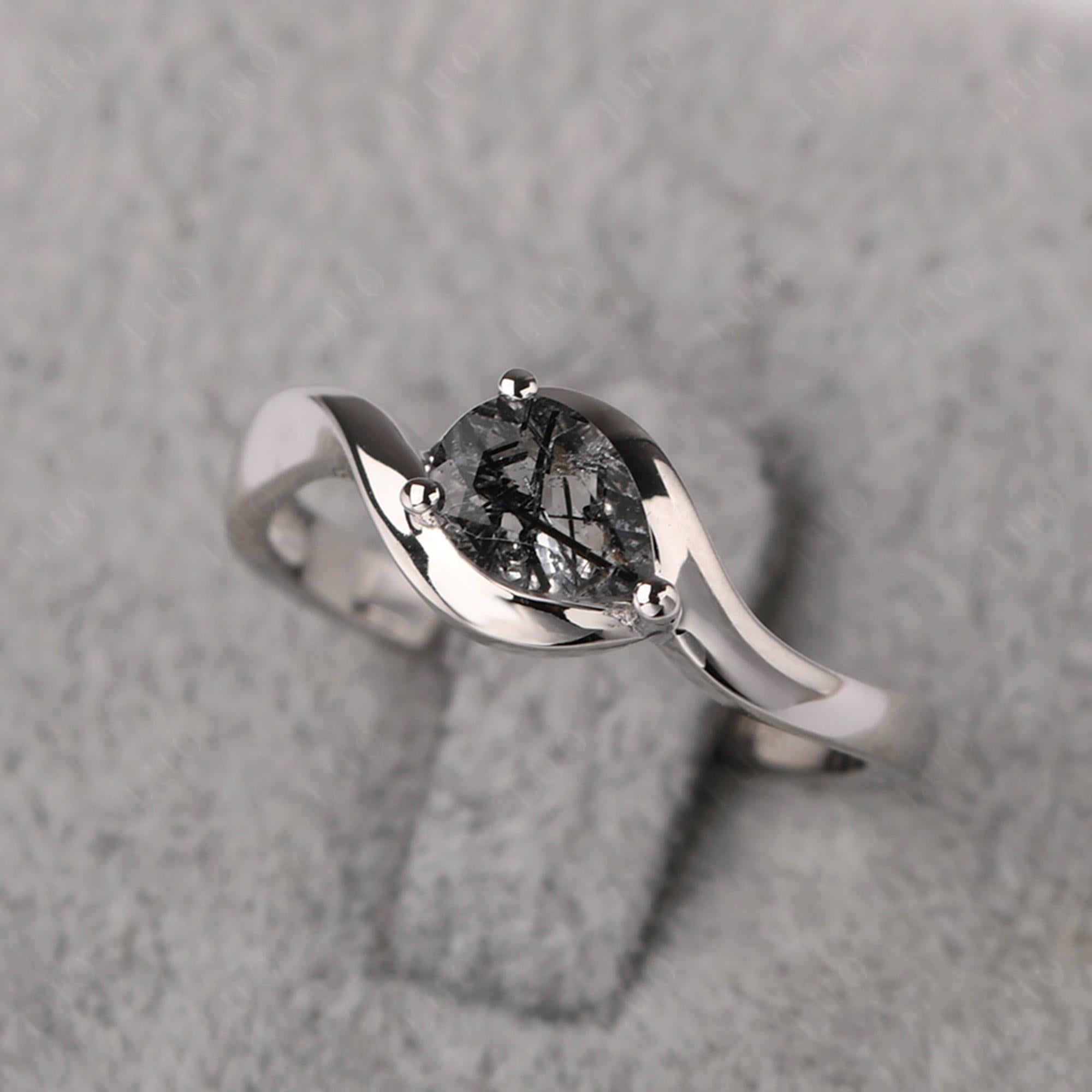 Pear Shaped Black Rutilated Quartz East West Solitaire Ring - LUO Jewelry