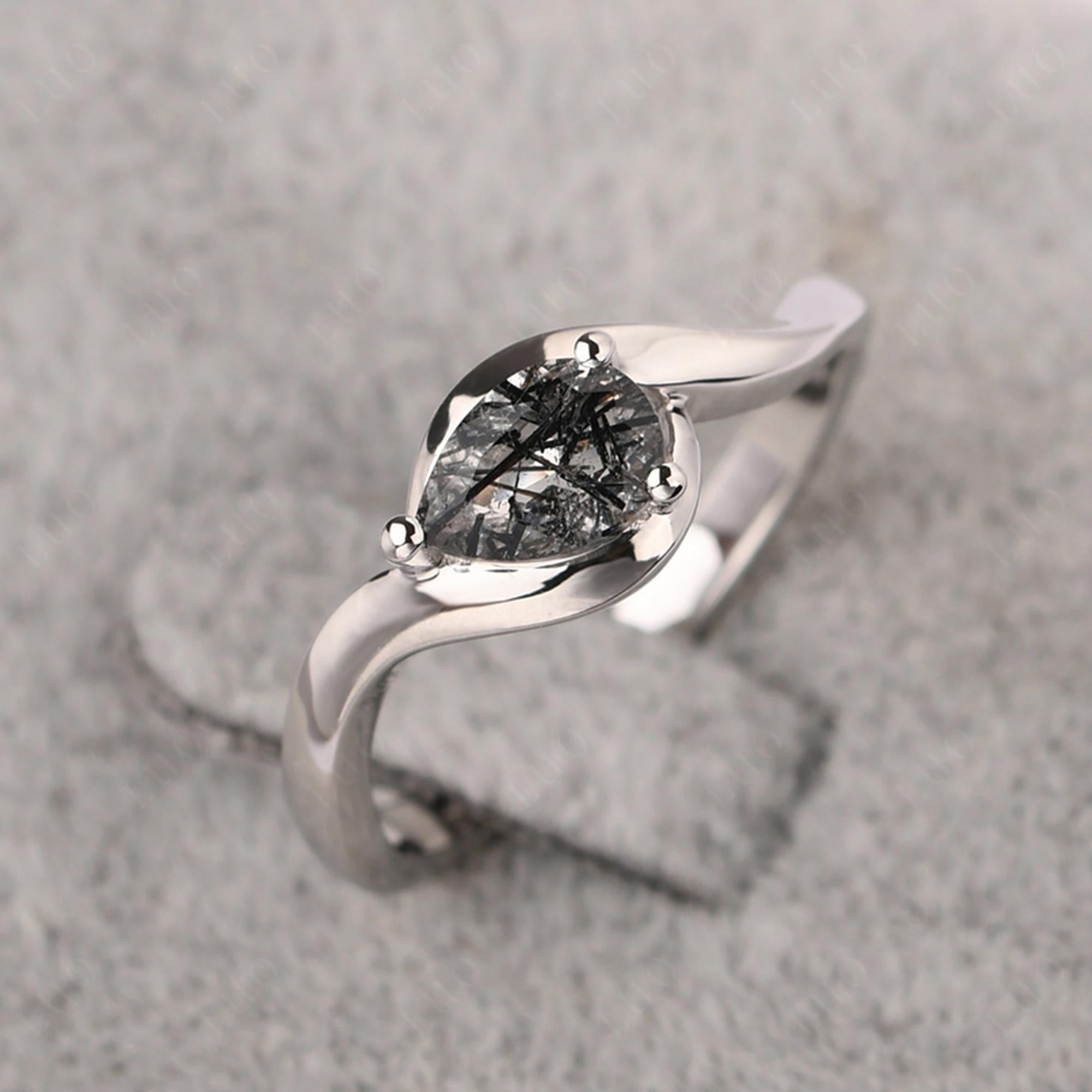 Pear Shaped Black Rutilated Quartz East West Solitaire Ring - LUO Jewelry