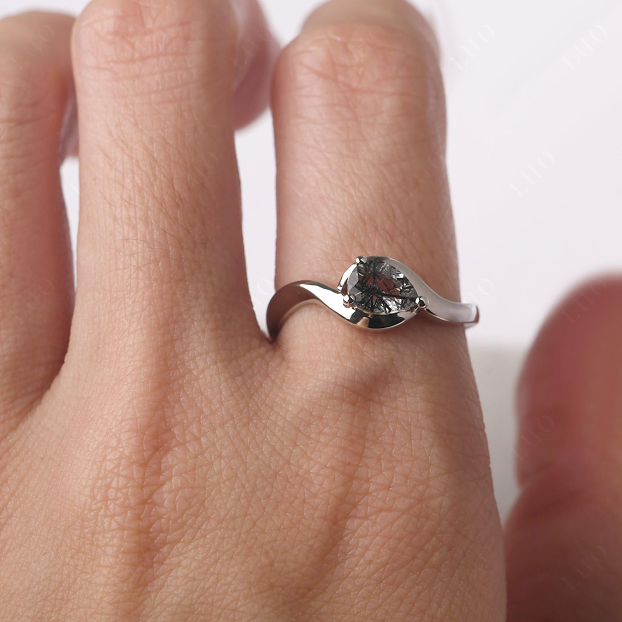 Pear Shaped Black Rutilated Quartz East West Solitaire Ring - LUO Jewelry