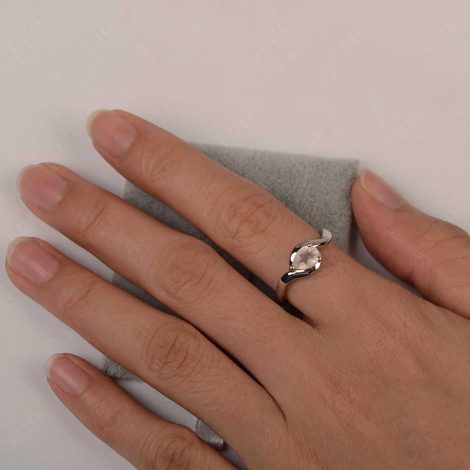Pear Shaped Rose Quartz East West Solitaire Ring - LUO Jewelry