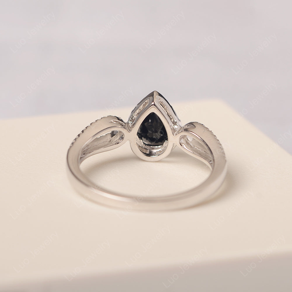 Pear Shaped Black Stone Halo Engagement Ring - LUO Jewelry