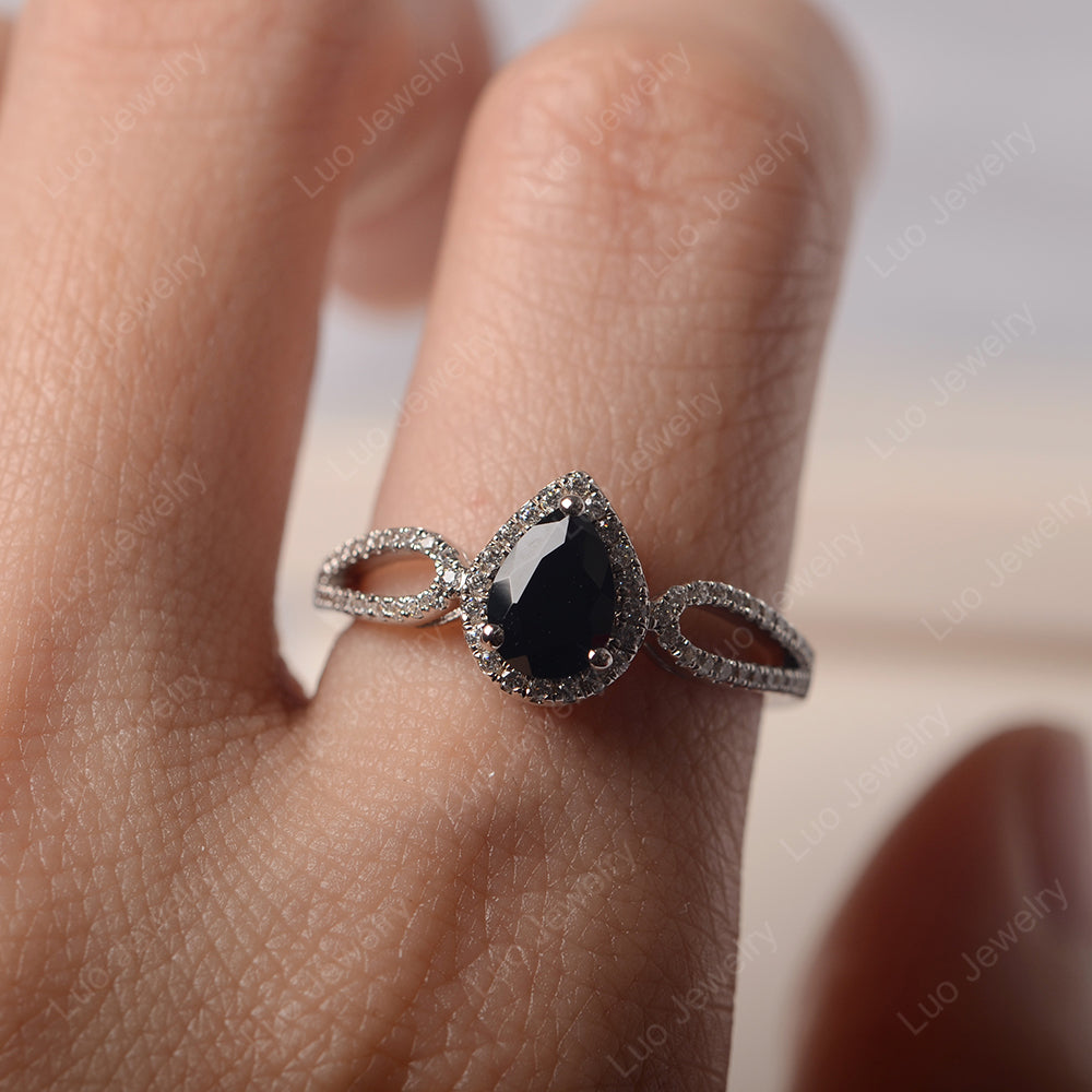 Pear Shaped Black Stone Halo Engagement Ring - LUO Jewelry