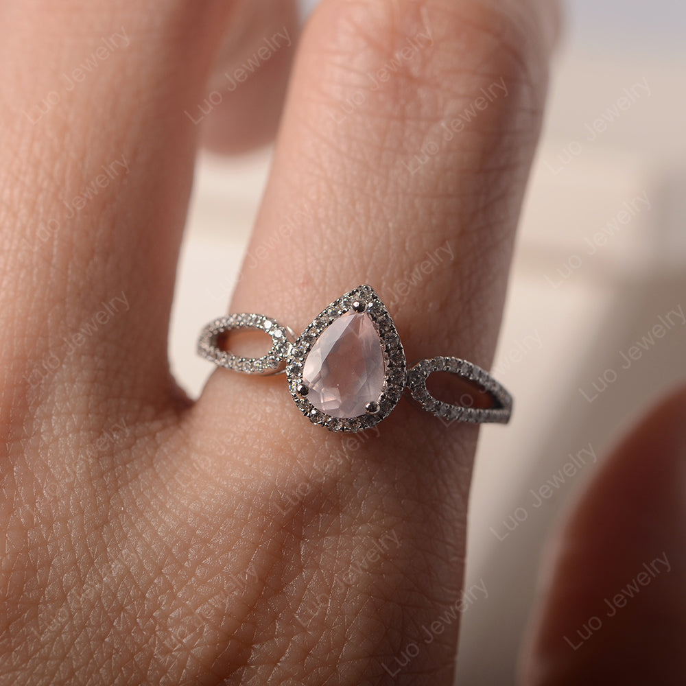 Pear Shaped Rose Quartz Halo Engagement Ring - LUO Jewelry