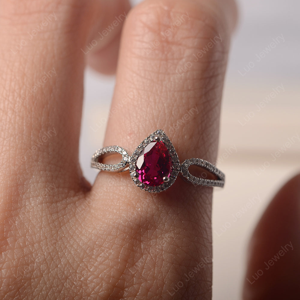 Pear Shaped Ruby Halo Engagement Ring - LUO Jewelry