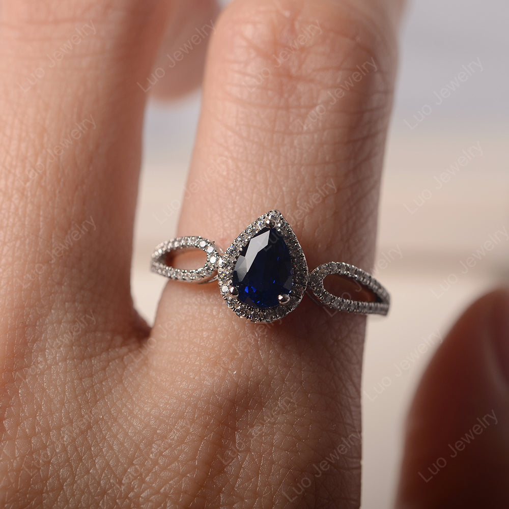 Pear Shaped Lab Sapphire Halo Engagement Ring - LUO Jewelry