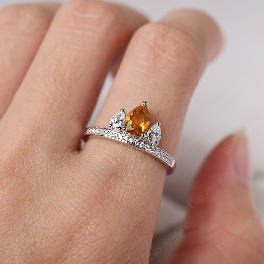 Teardrop Citrine 3 Stone Mothers Ring Silver - LUO Jewelry
