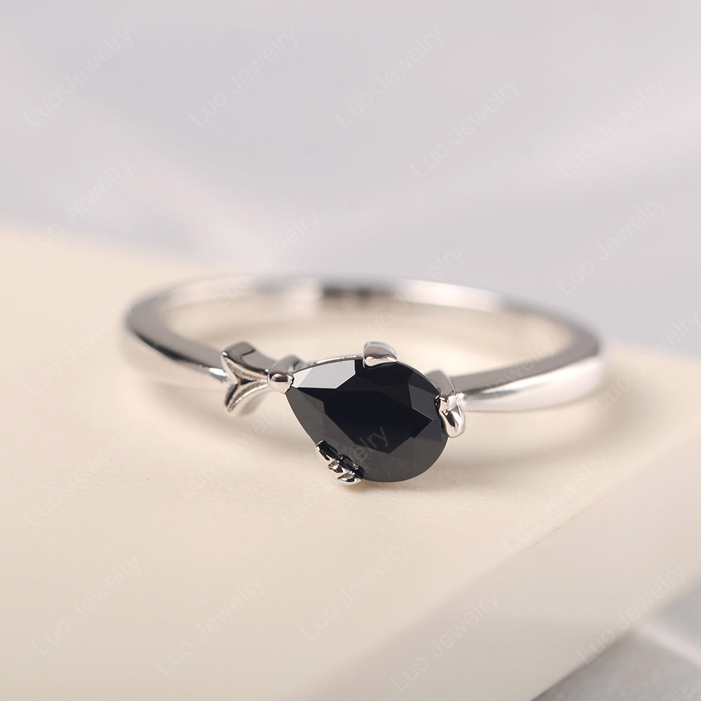 Pear Shaped Black Stone Ring Fish Ring - LUO Jewelry